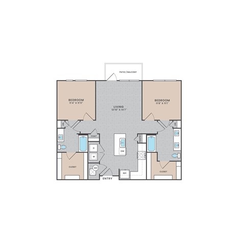 A floor plan of a two bedroom apartment with a living room in the middle.